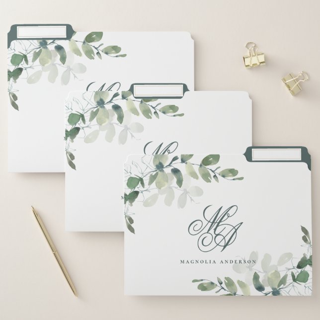 Chic Eucalyptus Script Monogram File Folder (Set)