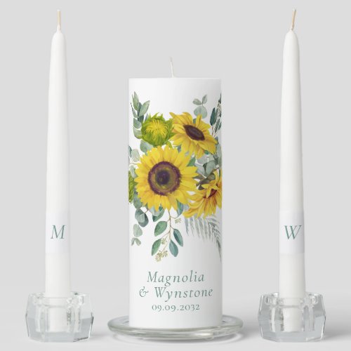 Chic Eucalyptus Sunflower Monogram Wedding Unity Candle Set