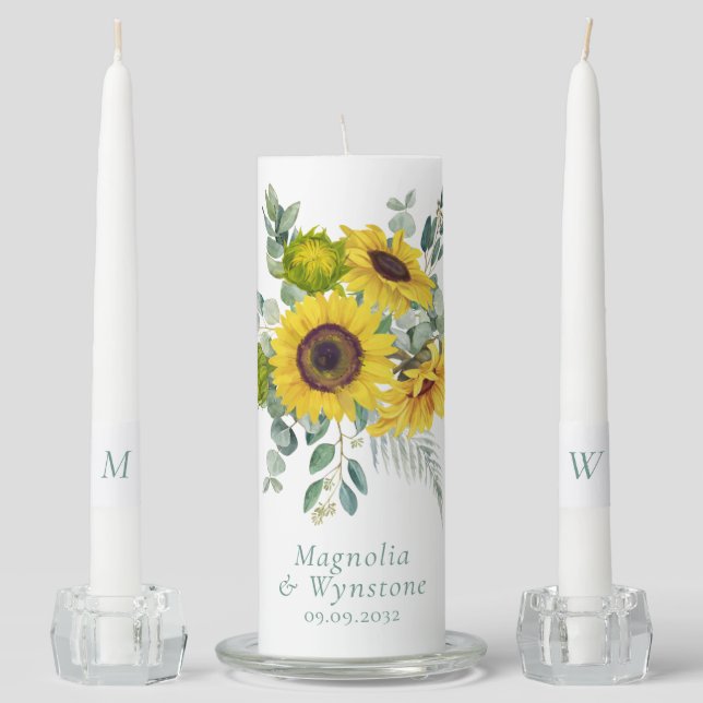 Chic Eucalyptus Sunflower Monogram Wedding Unity Candle Set (Front)