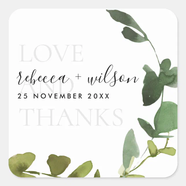 CHIC EUCALYPTUS WATERCOLOR LOVE AND THANKS WEDDING SQUARE STICKER | Zazzle