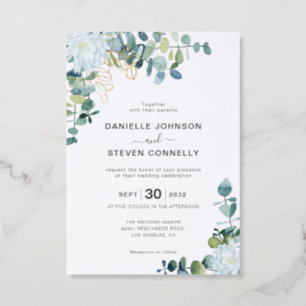 Chic eucalyptus white flowers wedding invitation
