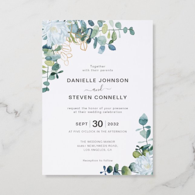 Chic eucalyptus white flowers wedding invitation (Front)