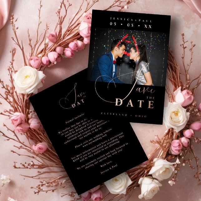 Chic Exquisite Script Photo Christmas Rose Gold  Foil Invitation (Cherish Exquisite Script Photo Christmas Couple Real Rose Gold Metallic Foil Wedding Black Save Date)