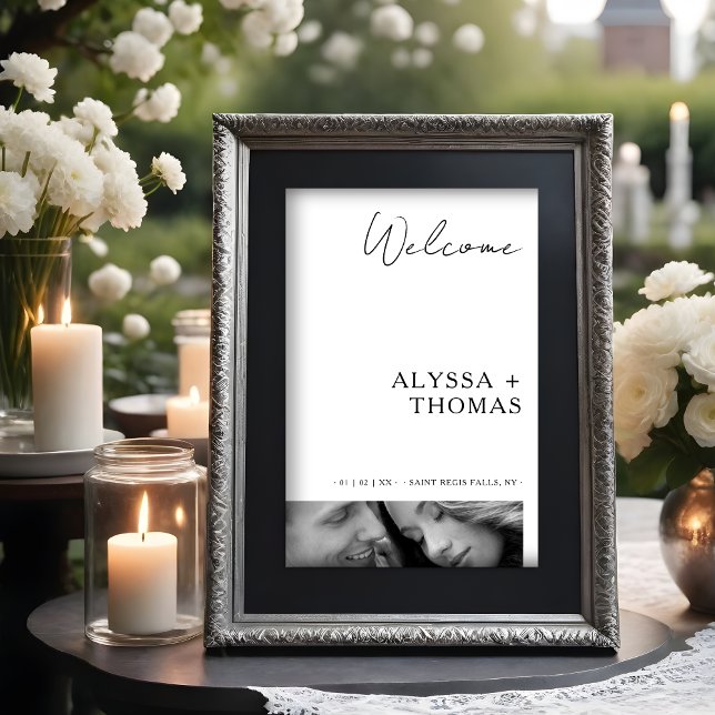 Chic Extra Minimalist Black & White Photo Wedding  Poster (Chic Extra Minimalist Black & White Photo Wedding Welcome Guest Sign Poster. )