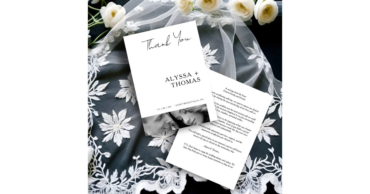 Chic Extra Minimalist Black & White Photo Wedding Thank You Card | Zazzle
