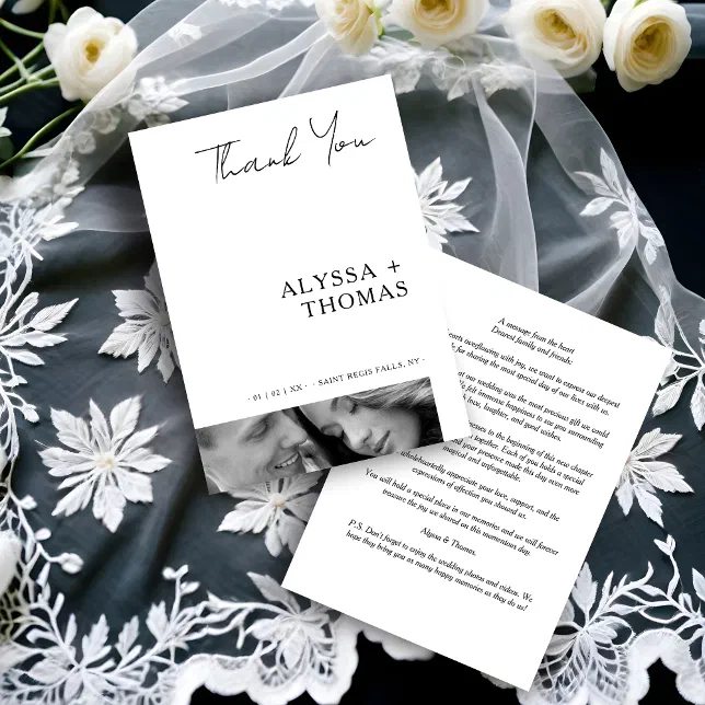 Chic Extra Minimalist Black & White Photo Wedding Thank You Card | Zazzle