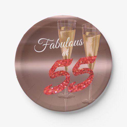 Chic Fabulous at 55 Birthday Coral Glitter Party Paper Plates