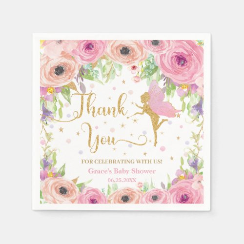 Chic Fairy Pink Floral Gold Baby Shower Birthday Napkins