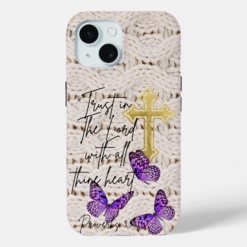 Chic Faith Knitwear Purple Butterfly Gold Cross iPhone 15 Case