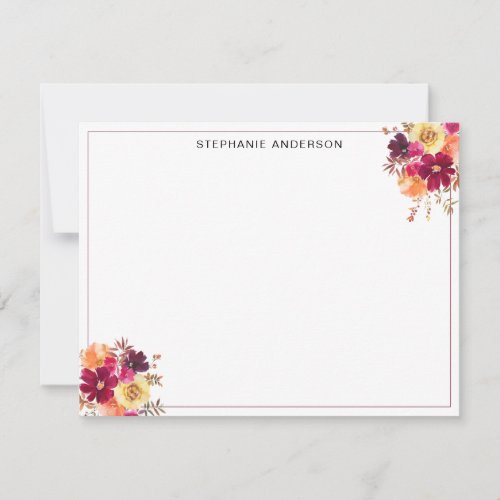 Chic Fall Autumn Burgundy Orange Watercolor Floral Note Card