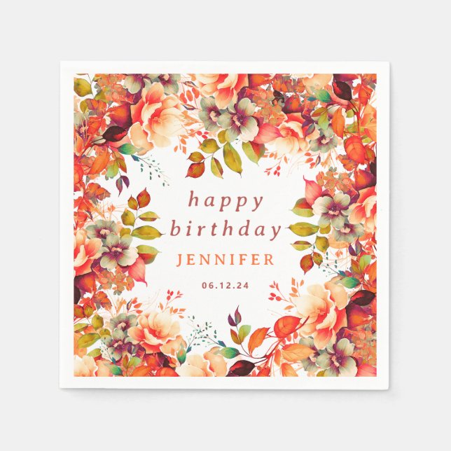 Chic Fall Autumn Watercolor Floral Happy Birthday  Napkins (Front)