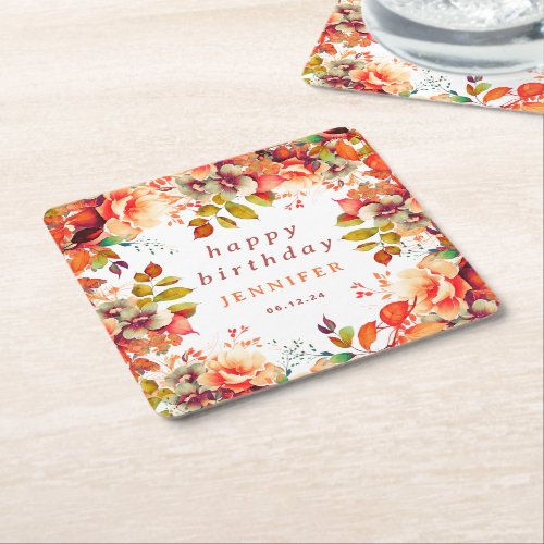 Chic Fall Autumn Watercolor Floral Happy Birthday  Square Paper Coaster