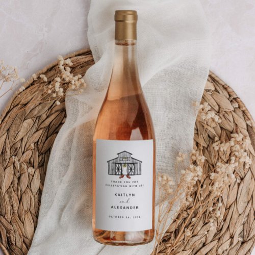 Chic Fall Barn with Pumpkins Wedding Wine Label