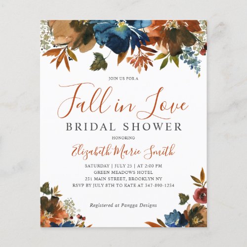 Chic Fall in Love Blue Floral Bridal Shower Invite