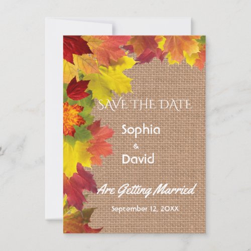 Chic Fall Leaves Burlap Wedding SAVE THE DATE