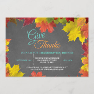 Chic Fall Leaves Chalkboard Thanksgiving Dinner Invitation
