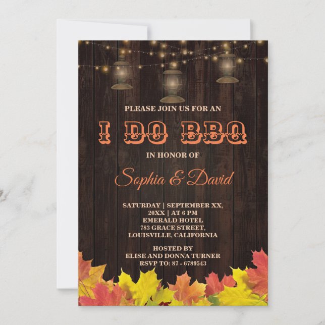 Chic Fall Leaves Wood Old Lanterns I DO BBQ Invitation (Front)