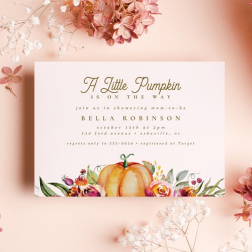 Chic Fall Little Pumpkin Roses Gold Baby Shower Invitation