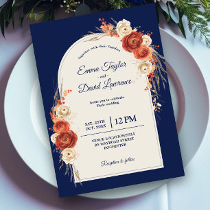Chic fall orange terracotta navy floral wedding invitation