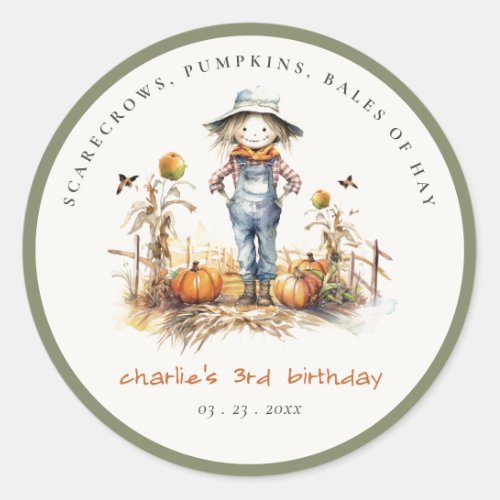 Chic Fall Pumpkin Scarecrow Harvest Kids Birthday Classic Round Sticker