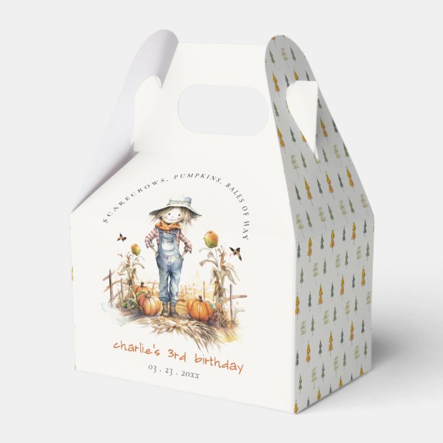 Chic Fall Pumpkin Scarecrow Harvest Kids Birthday Favor Boxes (Front Side)
