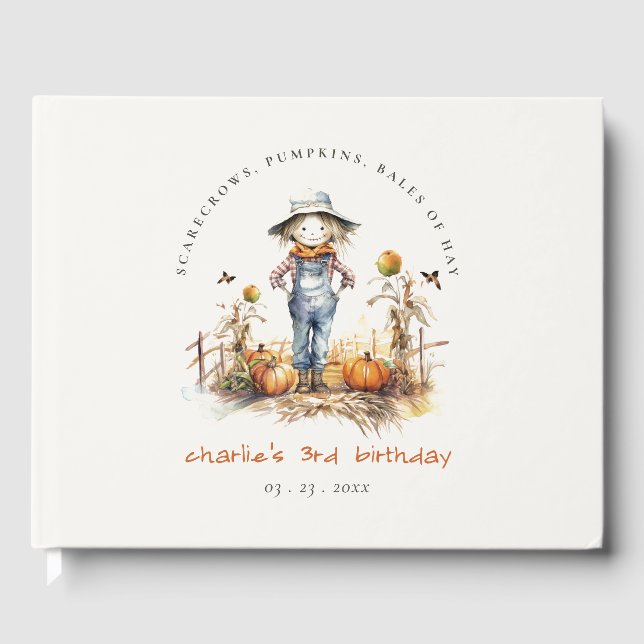 Chic Fall Pumpkin Scarecrow Harvest Kids Birthday Guest Book (Front)
