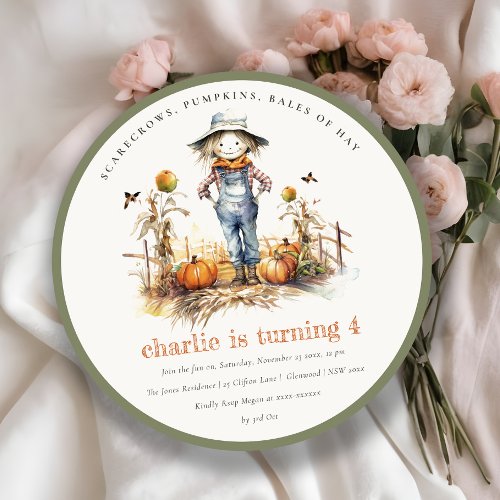 Chic Fall Pumpkin Scarecrow Harvest Kids Birthday Invitation