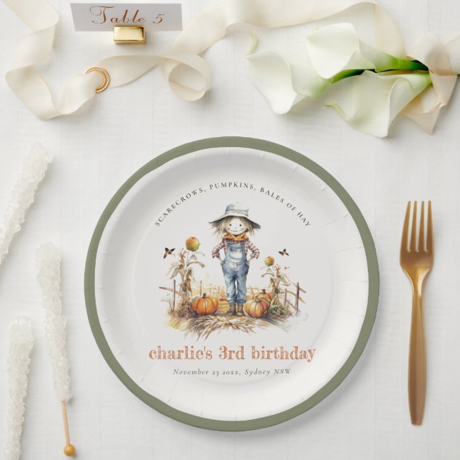 Chic Fall Pumpkin Scarecrow Harvest Kids Birthday Paper Plates (Wedding)