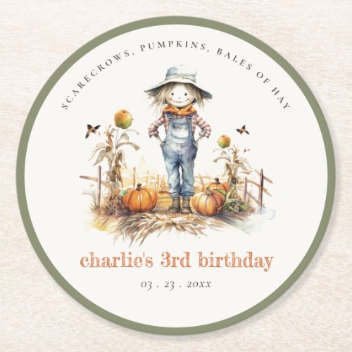 Chic Fall Pumpkin Scarecrow Harvest Kids Birthday Round Paper Coaster