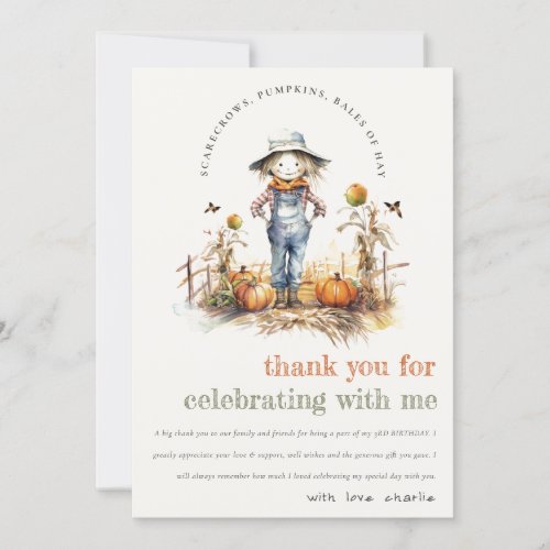 Chic Fall Pumpkin Scarecrow Harvest Kids Birthday Thank You Card