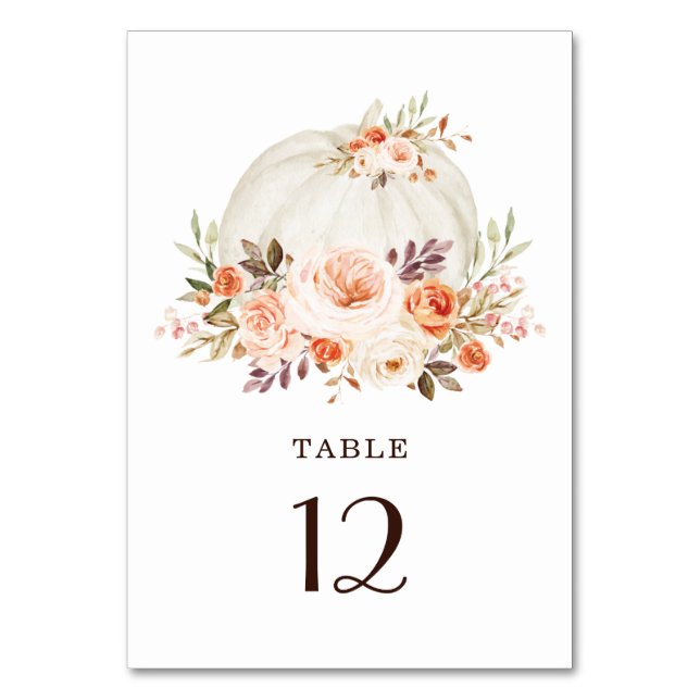 Chic Fall White Pumpkin Peach Orange Floral Table Number (Front)