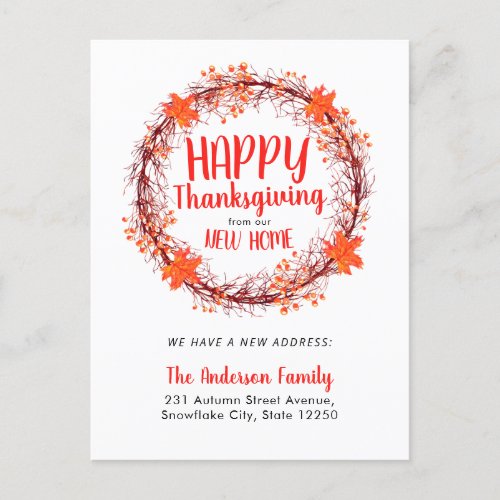 Chic Fall Wreath Happy Thanksgiving Holiday Moving Announcement Postcard