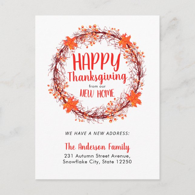 Chic Fall Wreath Happy Thanksgiving Holiday Moving Announcement Postcard (Front)