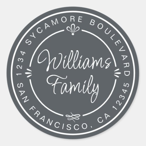 Chic Family Monogram Return Address Black Classic Round Sticker