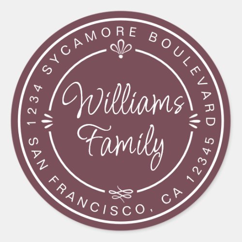 Chic Family Monogram Return Address Burgundy Classic Round Sticker