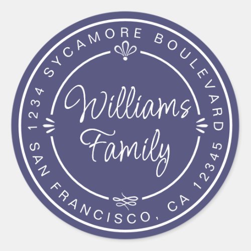 Chic Family Monogram Return Address Navy Blue Classic Round Sticker