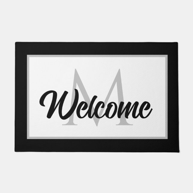 Chic Family Monogram Welcome Mat Black White Gray (Front)