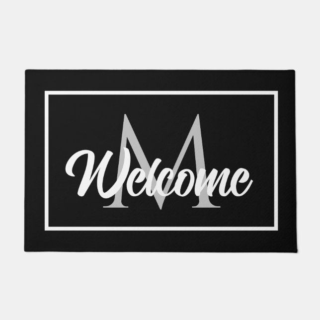 Chic Family Monogram Welcome Mat Black White Gray (Front)