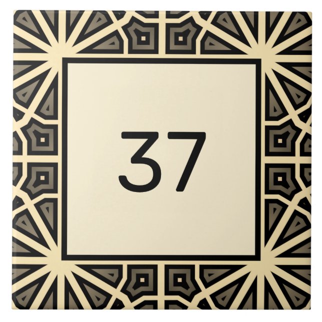   Chic Fancy Deco Ivory & Grey House Number Plaque Ceramic Tile (Front)