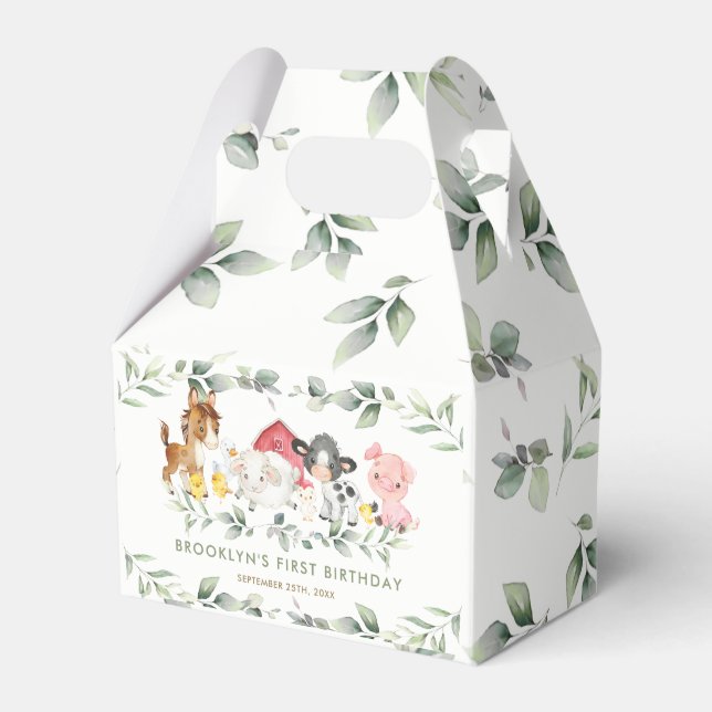 Chic Farm Animals Barnyard Greenery 1st Birthday Favor Boxes (Front Side)