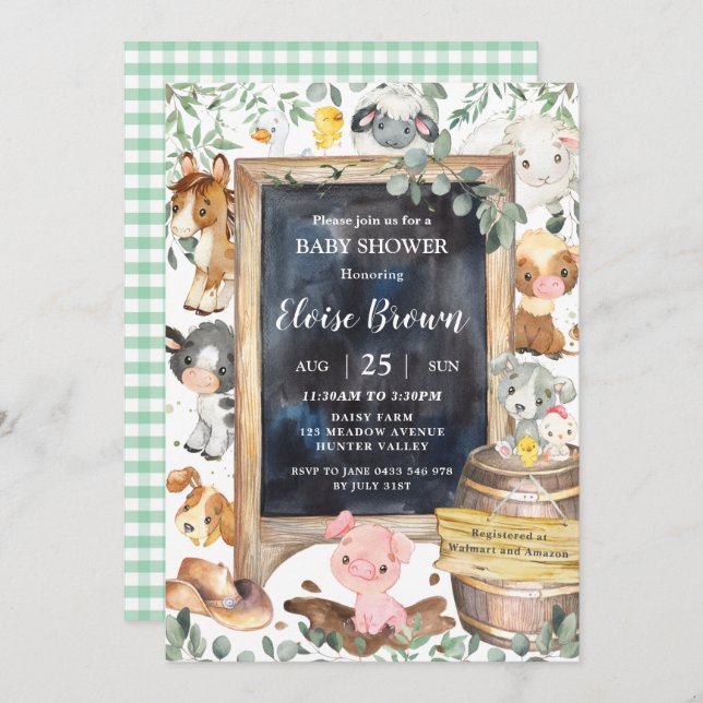 Chic Farm Animals Barnyard Greenery Baby Shower  Invitation (Front/Back)
