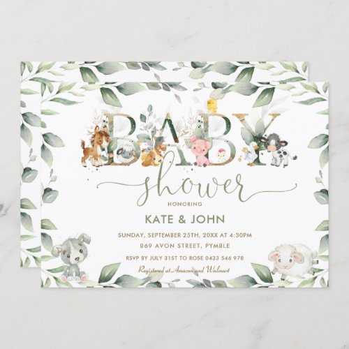 Chic Farm Animals Greenery Baby Shower Neutral Invitation