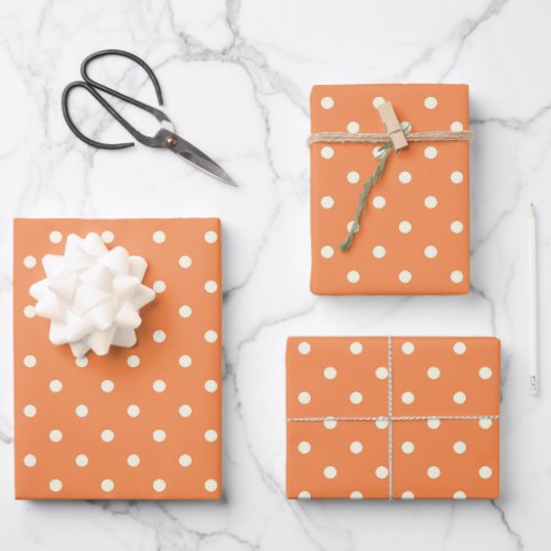 Chic Fashionable Nectarine Orange White Polka Dots Wrapping Paper Sheets