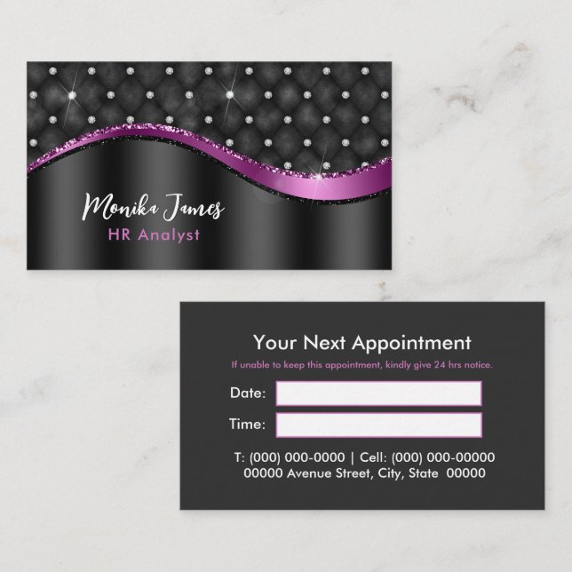 Chic Faux Brushed Metal Black Purple Monogram Appointment Card (Front/Back)
