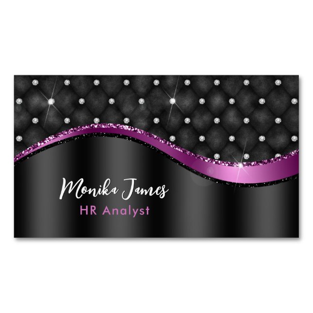 Chic Faux Brushed Metal Black Purple Monogram Business Card Magnet (Front)