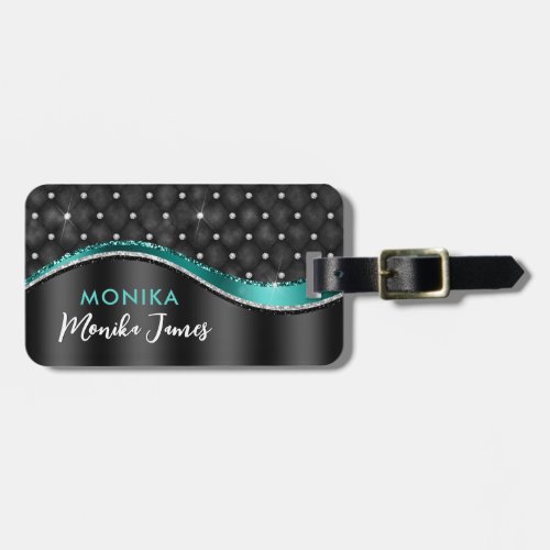 Chic Faux Brushed Metal Black Teal Monogram Luggage Tag