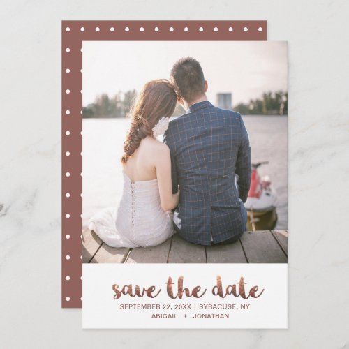 Chic Faux Copper Rose Script with Dots Photo Save The Date