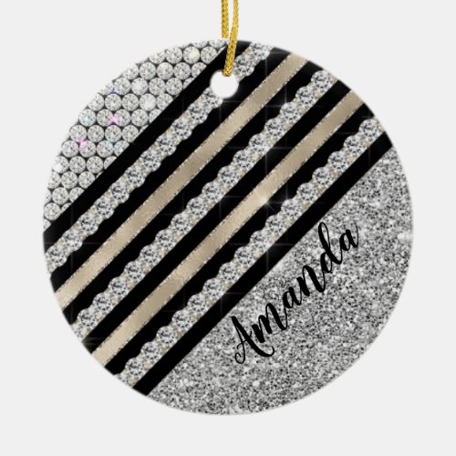 Chic faux Crystal and Silver glitter Personalised Ceramic Ornament