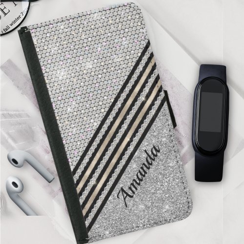 Chic faux Crystal and Silver glitter Personalised  Samsung Galaxy S5 Wallet Case