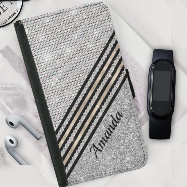 Chic faux Crystal and Silver glitter Personalised  Samsung Galaxy Wallet Case (Creator Uploaded)